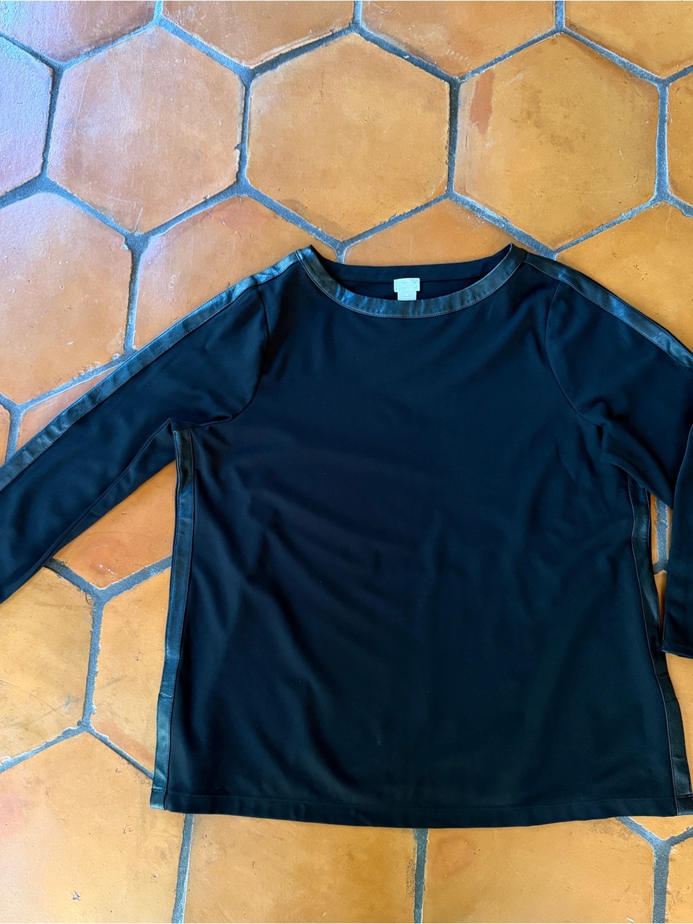 Chico's Boat Neck Top Blouse Womens Black Faux Leather Trim Going Out City 4 XXL